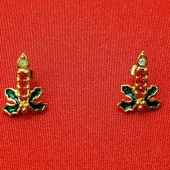 AVON Christmas Candlestick Earrings, Pierced Christmas Earrings, Avon Crystal Candlestick Earrings