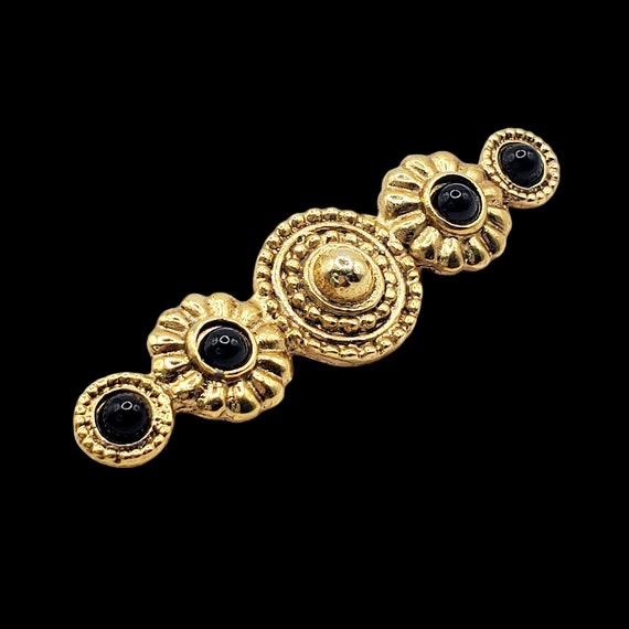 Vintage Gold and Black Bar Pin Brooch, Black Cabo… - image 2