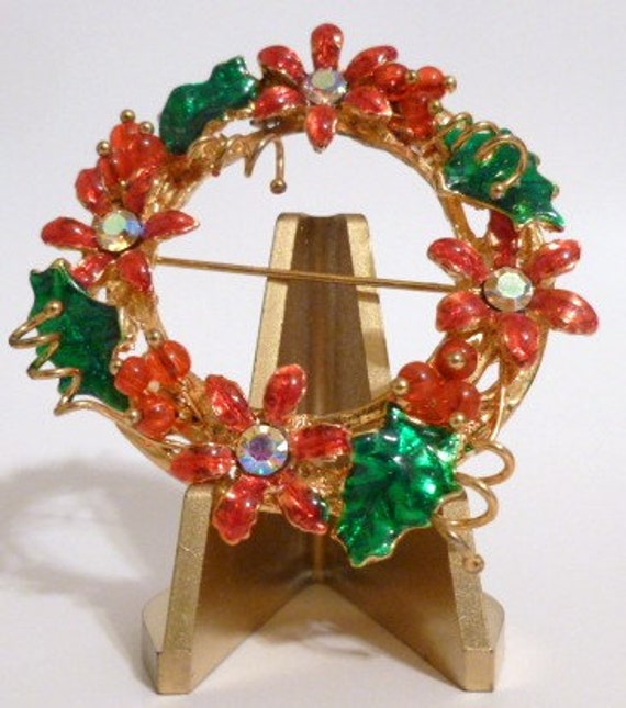 Vintage Christmas Wreath Pin Brooch, Signed Chris… - image 2