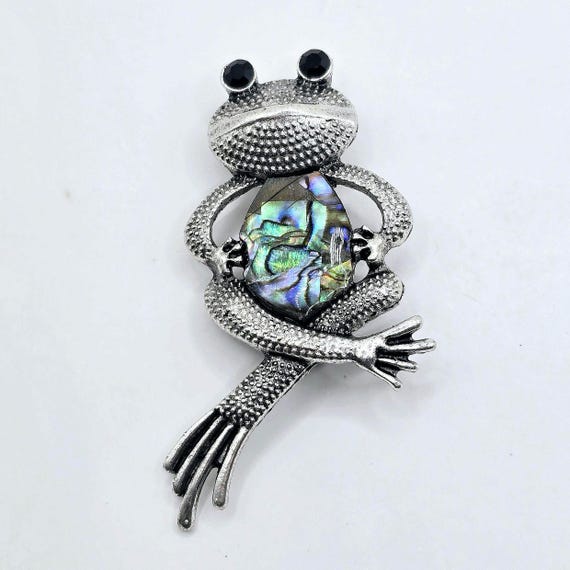 Sitting Frog Abalone Shell Silvertone Brooch Pin - image 9