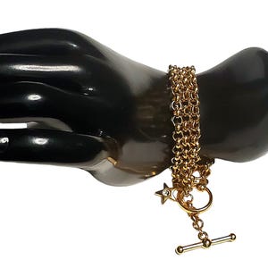 Three Strand Rolo Chain Link Bracelet,  Multistrand Gold Bracelet With Heart Charm