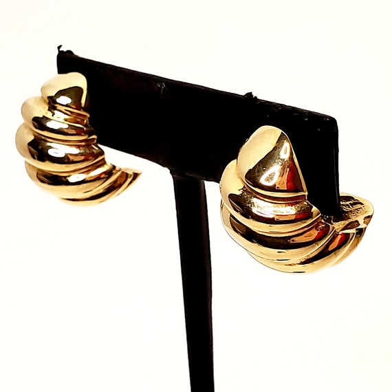 Gold Ribbed Hoop Pierced Earrings,  Gold Semicirc… - image 4