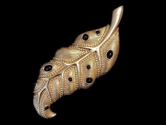 Vintage Swarovski Crystal Brooch, Black Swarovski Crystal Feather