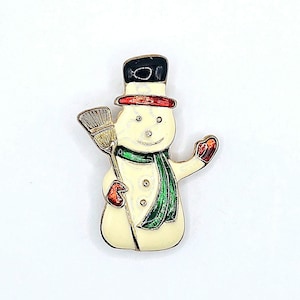 Vintage Snowman Brooch with Broom, Enamel Christmas Snowman Pin