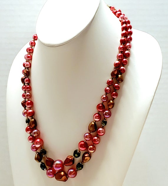 Multi Strand Layered Bead Necklace, Hot Pink Neck… - image 4