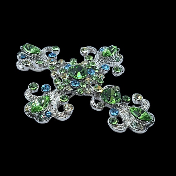 Large Ornate Crystal Cross Brooch Pendant, Perido… - image 2