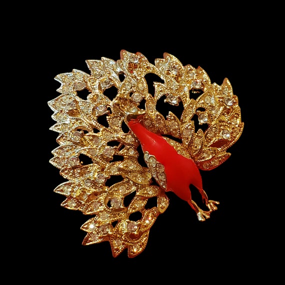 Red Peacock Brooch Pin, Crystal Peacock Brooch Pi… - image 2
