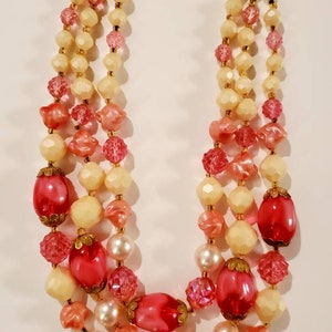 Vintage Multi Strand Pink Necklace Set, Hot Pink Necklace Set Signed &quot;W Germany&quot;