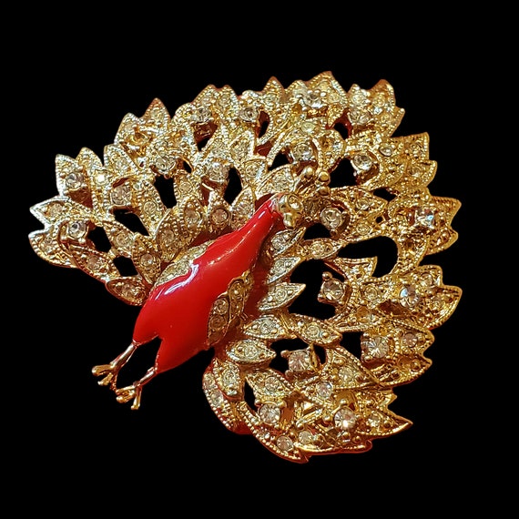 Red Peacock Brooch Pin, Crystal Peacock Brooch Pi… - image 4