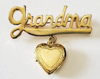 Vintage Grandma Locket Brooch Pin, Grandma Heart Locket Brooch Pin