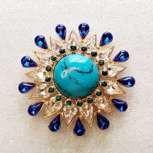 Large Turquoise Crystal Brooch, Big Starburst Crystal Brooch