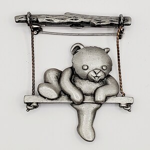 Vintage J.J. Bear On A Swing Brooch, Bear Swinging Pin, Signed J.J.