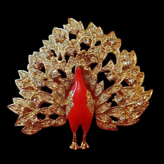 Red Peacock Brooch Pin, Crystal Peacock Brooch Pi… - image 10