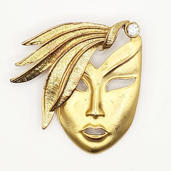 Vintage Mardi Gras Mask Brooch Gold Mardi Gras Pin Brushed Gold Mask Crystal Brooch Pin Etsy