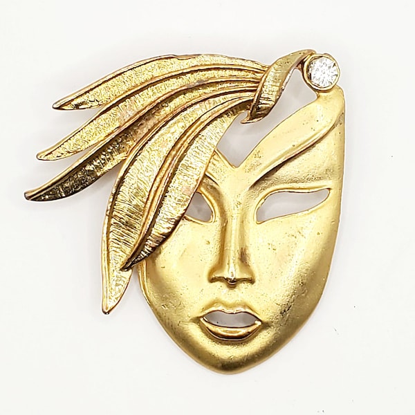 Vintage Mardi Gras Mask Brooch,  Gold Mardi Gras Pin, Brushed Gold Mask Crystal Brooch Pin