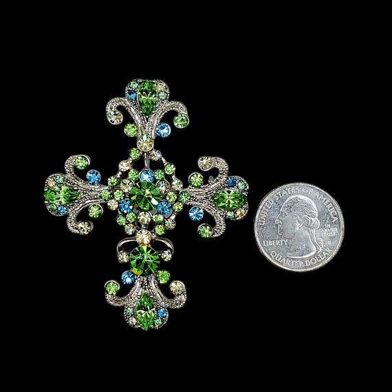 Large Ornate Crystal Cross Brooch Pendant, Perido… - image 9