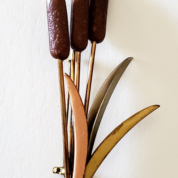 Vintage Cattails Pin Brooch, Carved Resin Cattails Pin Brooch, Tri Tone Metal Cattails Pin Brooch