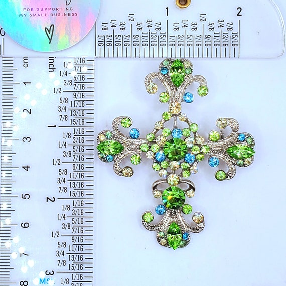 Large Ornate Crystal Cross Brooch Pendant, Perido… - image 4