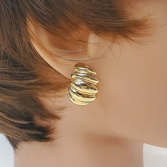 Gold Ribbed Hoop Pierced Earrings,  Gold Semicirc… - image 2