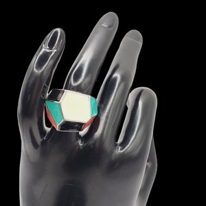 Geometric Enamel Ring, Chunky Ring, 1960s 1970s Enamel Statement Ring, Women&#39;s Silvertone Ring, Size 6 1/2