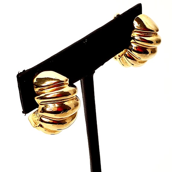 Gold Ribbed Hoop Pierced Earrings,  Gold Semicirc… - image 3