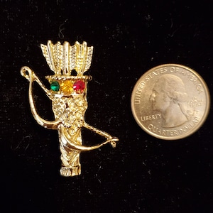 Vintage Multi Color Rhinestone Bow and Arrow with Holder Archery Pin