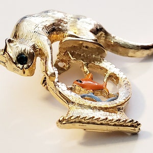 Vintage Signed  Gold Crown Cat Brooch, Cat in Fishbowl Brooch Pin