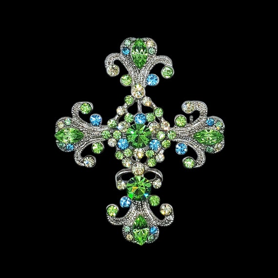 Large Ornate Crystal Cross Brooch Pendant, Perido… - image 1