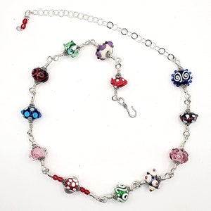 Lampwork Glass Bead Necklace, Handmade Artisan OOAK Multicolor Lampwork Glass Bead Sterling Necklace