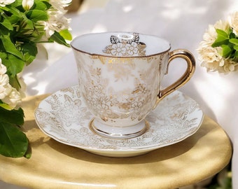Vintage White and Gold Teacup and Saucer Set, Occupied Japan Teacup and Saucer, Vintage 1940s Cup and Saucer Set