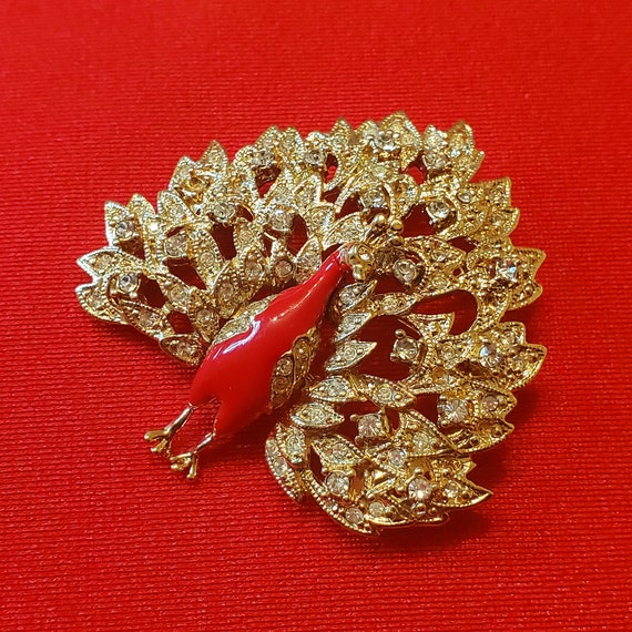 Red Peacock Brooch Pin, Crystal Peacock Brooch Pi… - image 6
