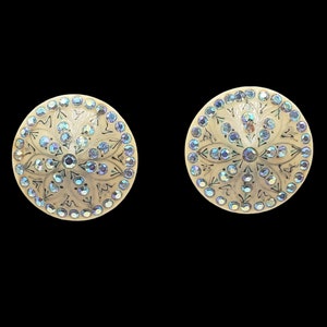 Hand Painted Icy Blue AB Crystal Earrings, Round Clip On Earrings, Vintage Button Clip On Earrings, Gift for Her