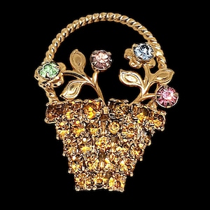 Vintage Multi-color Rhinestone Flower Basket Pin Brooch