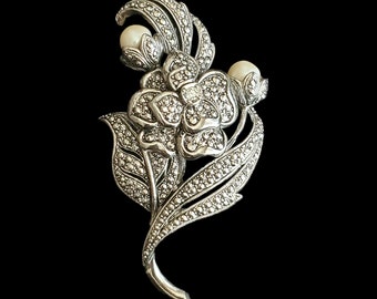 Pearl Marcasite Flower Brooch Pin, Signed KJL FOR AVON, Silvertone Crystal Floral Brooch Pin