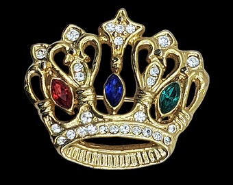 Vintage Multicolor Rhinestone Crown Pin Brooch, Jewel Tone Rhinestones Gold Plated Crown Pin Brooch