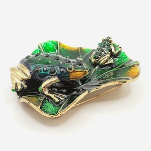 Mama and Baby Frog Brooch on Lily Pad, Rhinestone and Enamel Frog Brooch, Mother and Baby Frog Brooch, Rhinestone Frog Pin