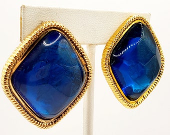 Kenneth J Lane Blue Clip On Earrings,  KJL for Avon Blue Resin Earrings, KJL Caprianti Collection, Blue Statement Earrings