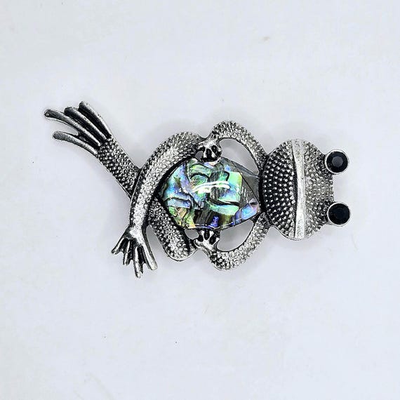 Sitting Frog Abalone Shell Silvertone Brooch Pin - image 6