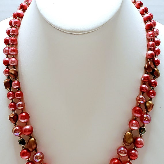 Multi Strand Layered Bead Necklace, Hot Pink Neck… - image 1