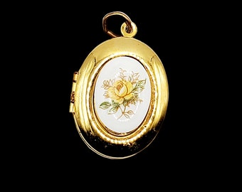 Vintage Ceramic Locket, Gold Tone Locket for Her,  Oval Flower Locket, Yellow Rose Pendant Locket