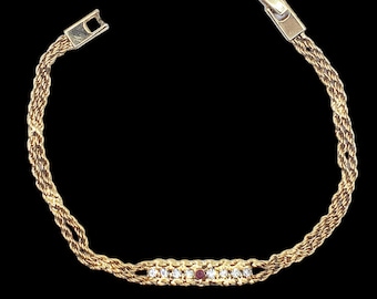 Vintage Double Rope Gold Bracelet, Garnet Red Clear Rhinestone Bracelet, Gold Plated Rhinestone Rope Bracelet