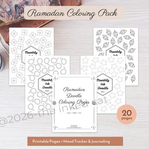 Może przedstawiać: Zestaw stron do kolorowania Ramadan Doodle, zawierający 20 stron do wydrukowania. Projekty obejmują geometryczne kształty i wzory gwiazd, z tekstem "Ramadan Coloring Pack". Zawiera trackery nastroju i podpowiedzi do dziennika.