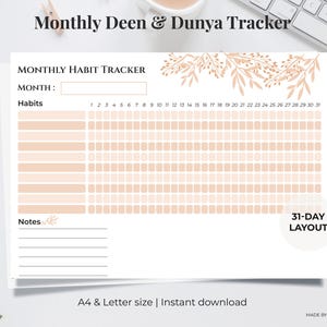 Puede incluir: Un rastreador de hábitos blanco con el texto "Monthly Deen & Dunya Tracker" y "Monthly Habit Tracker". El rastreador tiene un diseño de 31 días con espacio para hábitos y notas. El diseño incluye detalles florales y es tamaño A4 y Carta.