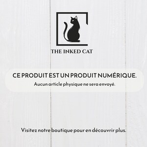 Może przedstawiać: Logo The Inked Cat przedstawia czarną sylwetkę kota w czarnym kwadracie. Obraz zawiera tekst w języku francuskim: "CE PRODUIT EST UN PRODUIT NUM&Eacute;RIQUE. Aucun article physique ne sera envoy&eacute;. Visitez notre boutique pour en d&eacute;couvrir plus."