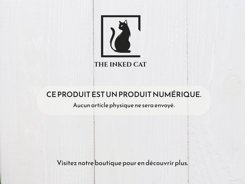 Może przedstawiać: Logo The Inked Cat przedstawia czarną sylwetkę kota w czarnym kwadracie. Obraz zawiera tekst w języku francuskim: "CE PRODUIT EST UN PRODUIT NUM&Eacute;RIQUE. Aucun article physique ne sera envoy&eacute;. Visitez notre boutique pour en d&eacute;couvrir plus."