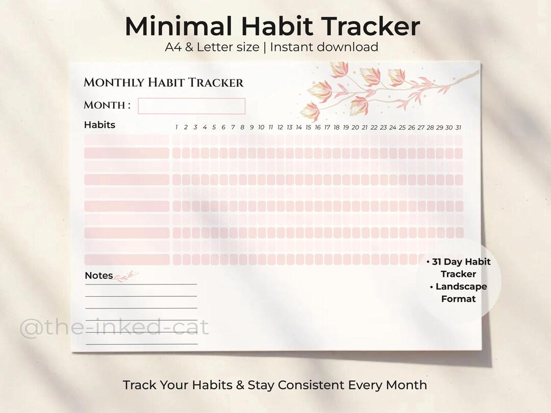 Monthly Soft Pink Floral Habit Tracker Printable Landscape | Habit ...