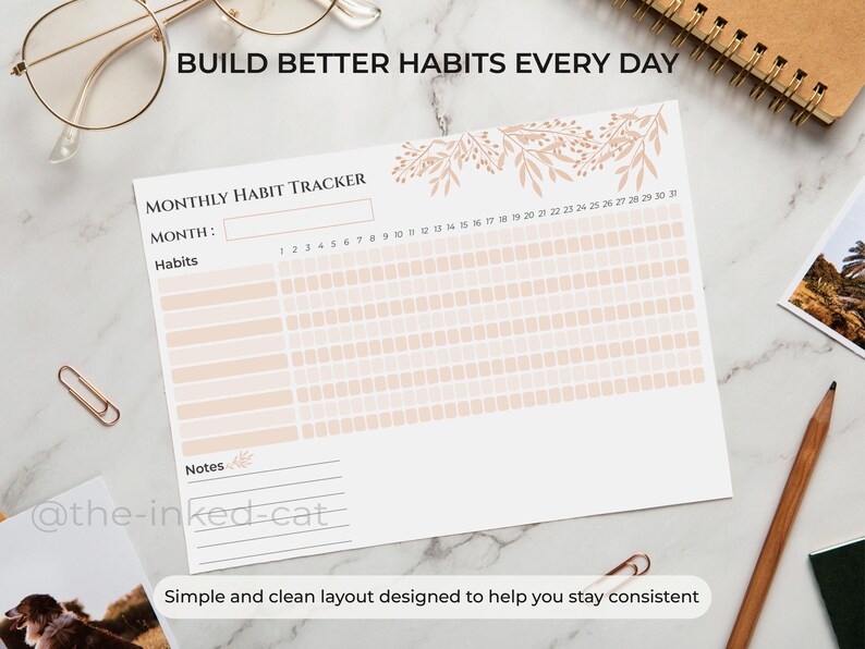 Monthly Beige Floral Habit Tracker Printable Landscape | Habit Tracker ...