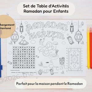 Può includere: Un set di attività a tema Ramadan per bambini, con una pagina da colorare con le parole "Ramadan Kareem" e illustrazioni. Include un cruciverba, un set di pennarelli colorati e un set di acquerelli. È visibile anche il testo "Download istantaneo".