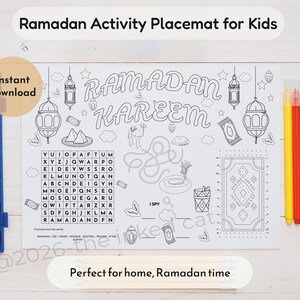 Tovaglietta con attività per bambini sul Ramadan, pagina da colorare stampabile sul Ramadan, gioco islamico "I Spy", decorazioni da tavolo per bambini musulmani, tabloid in formato A4 in formato PDF (en)