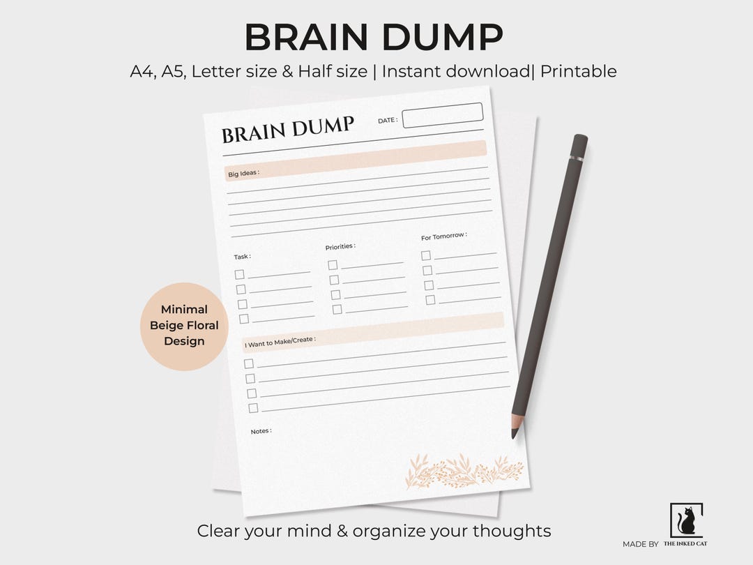 String Brain A4 ADHD Brain Dump Printable | Beige Floral Brain Dump | Minimalist Daily ...
